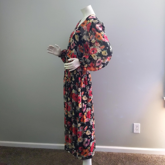 Vintage 90s Umi Collections Anne Crimmins Red Poppy Floral Silk Ruched Dress 12 - Picture 4 of 8